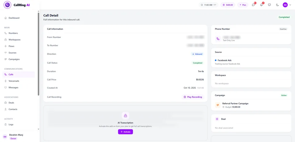CallRing AI call detail showing call status, duration, recording, marketing source and campaign, with the AI transcription panel